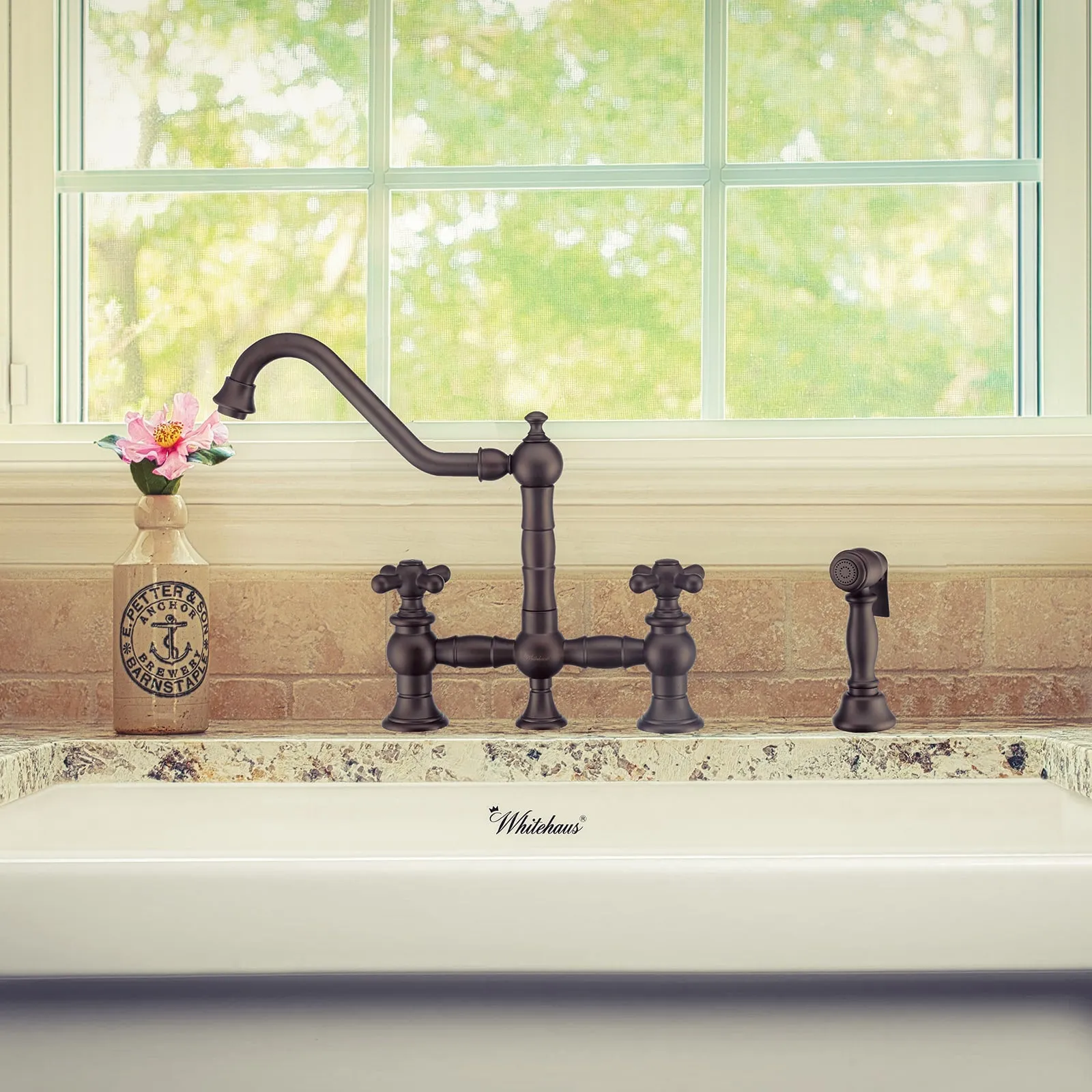 Whitehaus WHKBTCR3-9201-NT-ORB Vintage III Plus Bridge Faucet with Swivel Spout and Side Spray